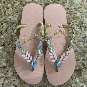 Custom Rhinestone Havaianas Flip Flops Sandals Pink 39-40